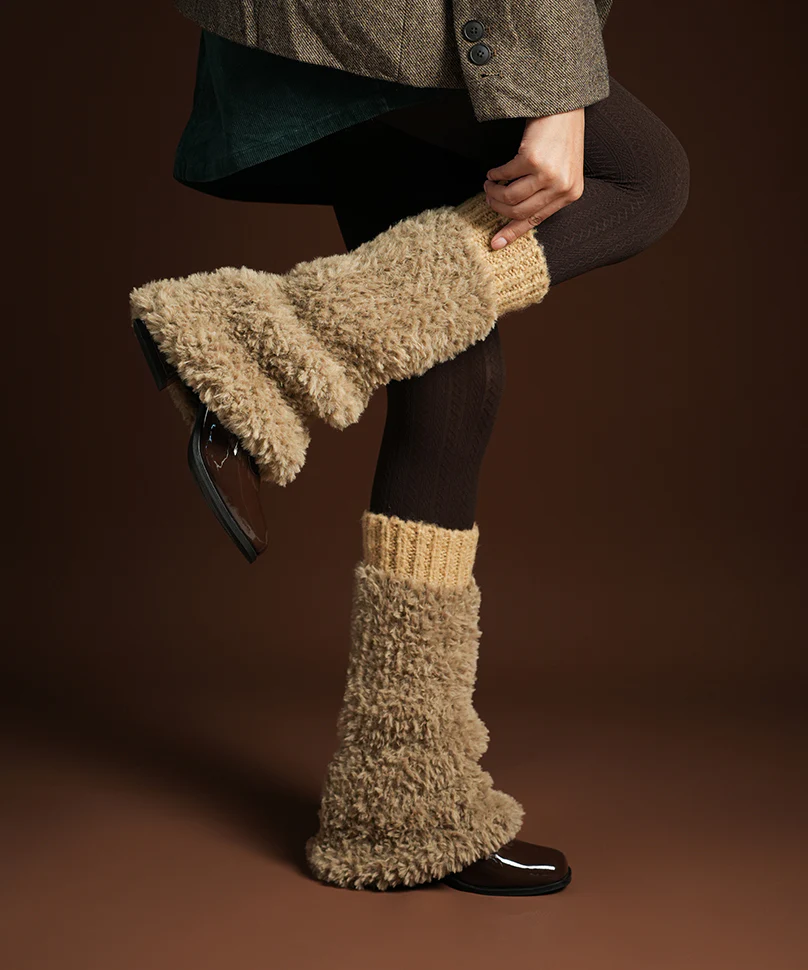 Banded Plush Ribbed Leg Warmer - Light Brown - Image 4
