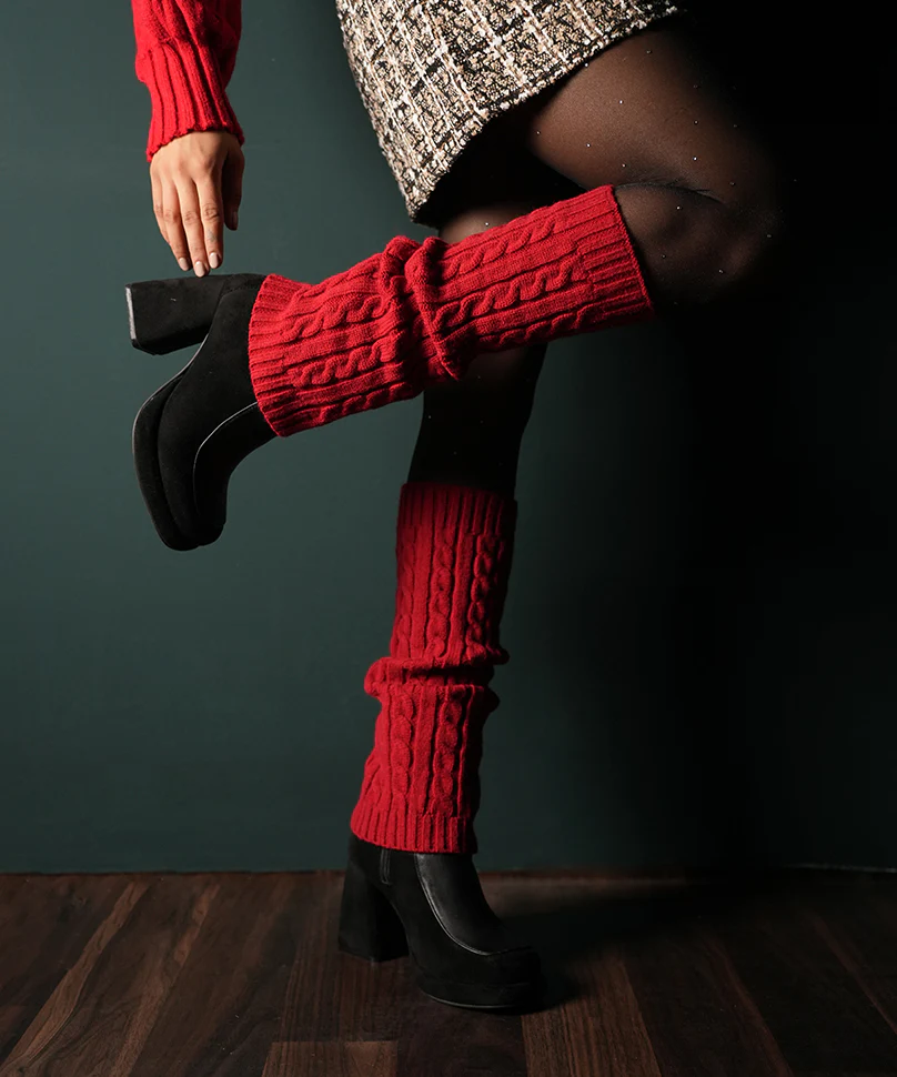 Cable Knit Leg Warmer - Red - Image 2