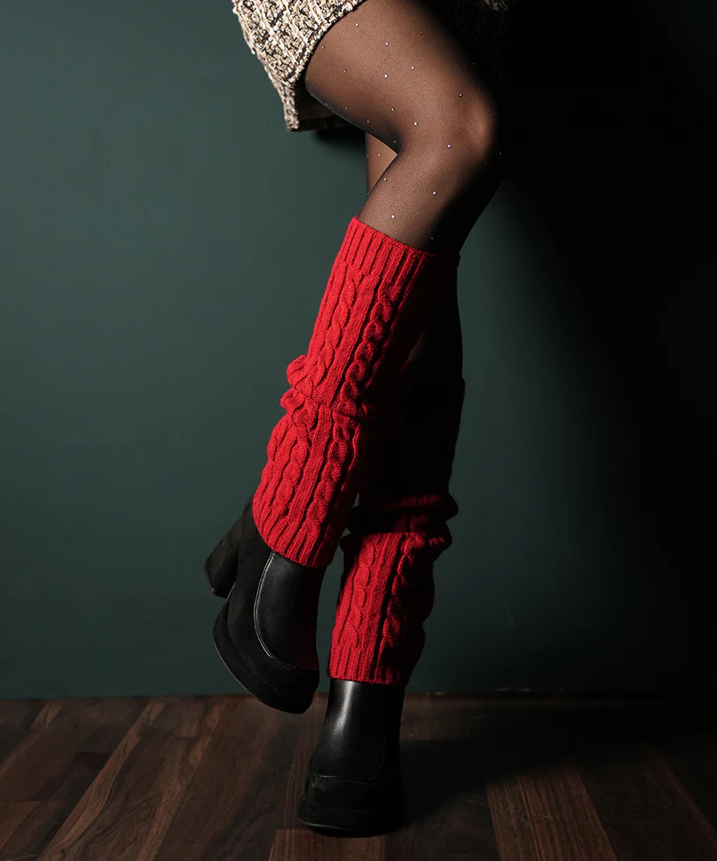 Cable Knit Leg Warmer - Red - Image 4