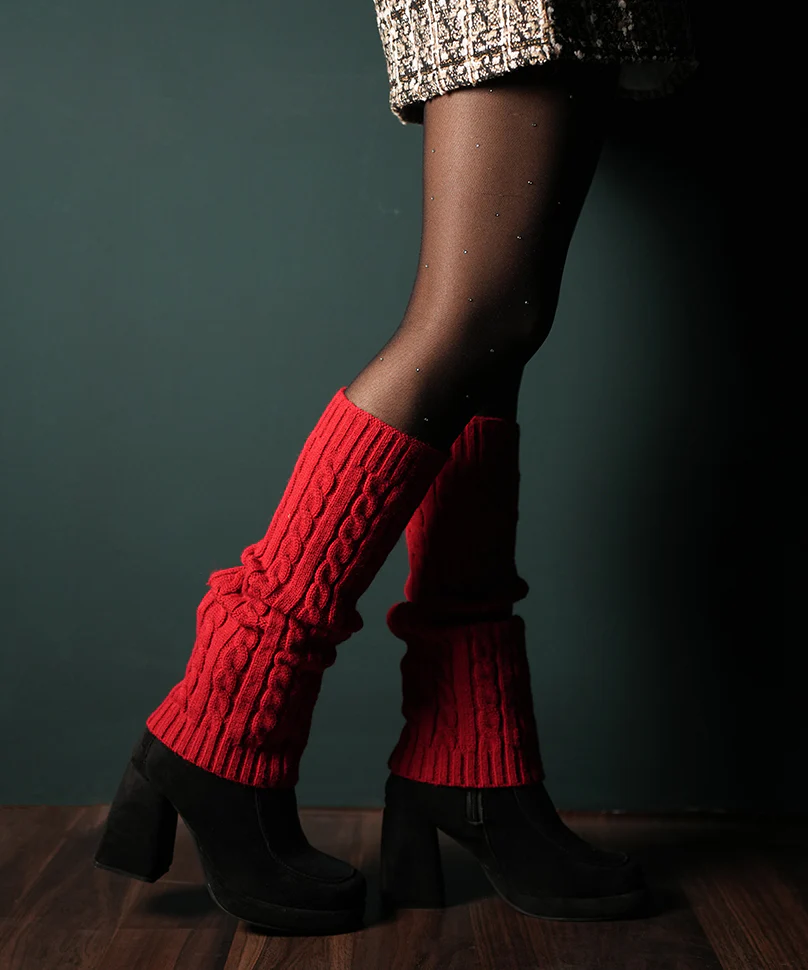 Cable Knit Leg Warmer - Red - Image 5